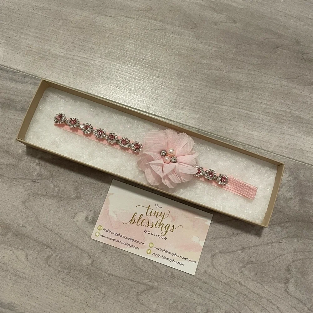 The Tiny Blessings Boutique Pink Rhinestone Newborn Headband With Pink Flower